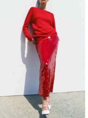 ZARA Red Sequin Midi Skirt